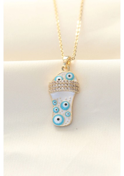 316L Zinciri Çelik Zirkon Taşlı Gold Renk Nazar Boncuklu Terlik Kolye