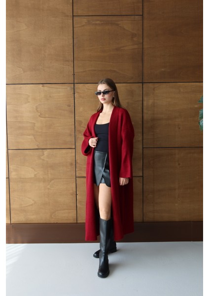 Kadın Kırmızı Salaş Triko Uzun Hırka