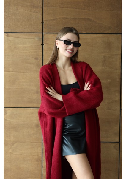 Kadın Kırmızı Salaş Triko Uzun Hırka modelleri