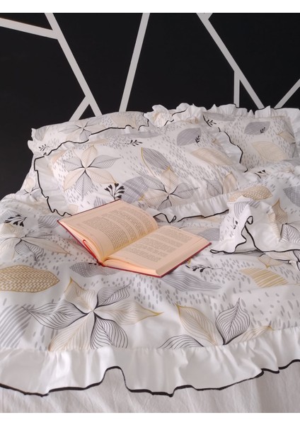 Soft Leaf - Çift Kişilik Süs Dikişli Fırfır'lı Nevresim Seti Natural Pamuk