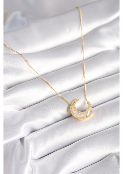 316L Çelik Gold Renk Beyaz Sedefli Hilal Model Kadın Kolye fiyatları
