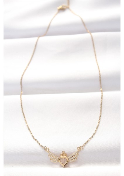 316L Çelik Gold Renk Zirkon Taşlı Kalpli Kanat Kolye fiyatları