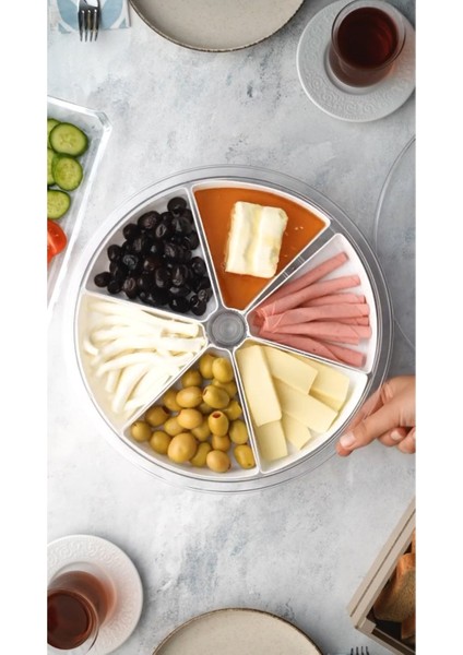 Üçgen Bölmeli Kapaklı 360 Derece Dönen Kahvaltı ve Sunumluk Seti – 6 Bölmeli Gıda Düzenleyici modelleri