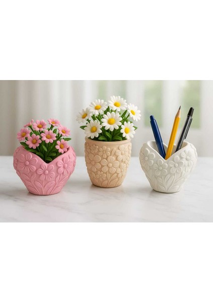 3'lü El Yapımı Kalp Tasarım Sukulent Saksı Seti - Handmade Taş Tozu Obje Mumluk Dekoratif Biblo 8cm