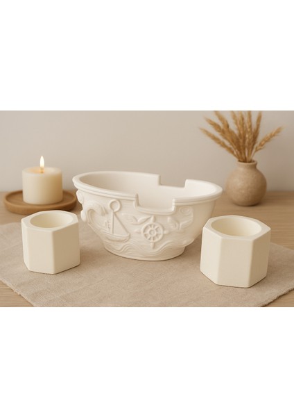 3'lü El Yapımı Sukulent Saksı Seti - Handmade Taş Tozu Gemi Tasarım Kalemlik Mumluk Dekoratif Biblo