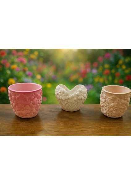 3'lü El Yapımı Kalp Tasarım Sukulent Saksı Seti - Handmade Taş Tozu Obje Mumluk Dekoratif Biblo 8cm fiyatları
