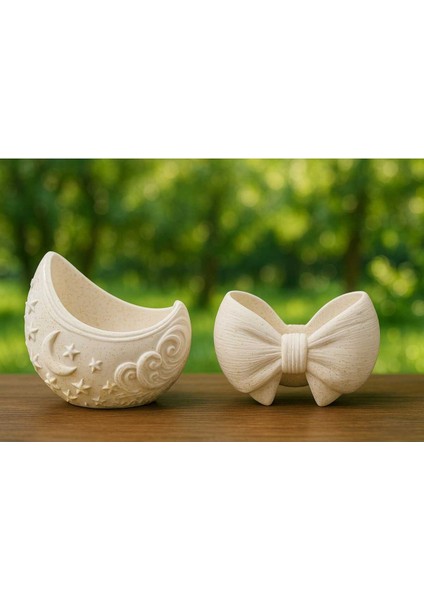 2'li Handmade Saksı - El Yapımı Taş Tozu Dolunay Kurdele Sukulent Takı Standı Kalemlik Mumluk Gold fiyatları