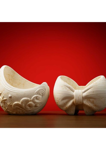 2'li Handmade Saksı - El Yapımı Taş Tozu Dolunay Kurdele Sukulent Takı Standı Kalemlik Mumluk Gold modelleri