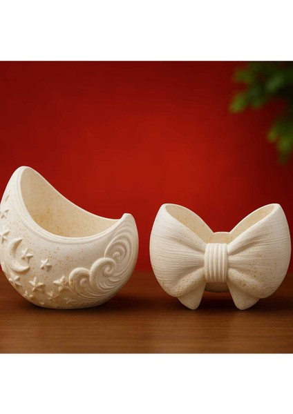 2'li Handmade Saksı - El Yapımı Taş Tozu Dolunay Kurdele Sukulent Takı Standı Kalemlik Mumluk Gold fırsatları