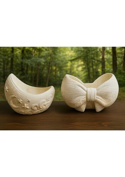 2'li Handmade Saksı - El Yapımı Taş Tozu Dolunay Kurdele Sukulent Takı Standı Kalemlik Mumluk Gold indirimleri