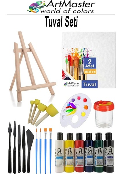 Tuval Seti 30X30 1 Paket Masaüstü Şövale Mydido Akrilik Boya Plastik Spatula Resim Fırçası Palet Ponpon Sünger Fırça