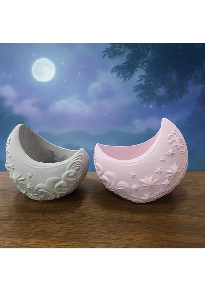 2'li El Yapımı Saksı Seti - Handmade Taş Tozu Dolunay Tasarımlı Sukulent Mumluk Dekoratif Biblo 8 cm