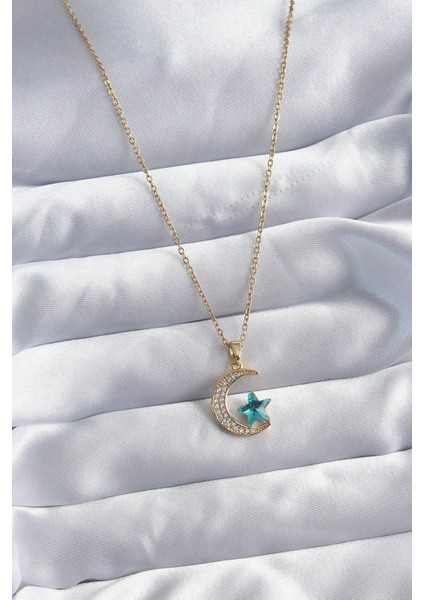 316L Çelik Gold Renk Zincir Zirkon Taş Detay Hilal Yıldızı Figür Kadın Kolye