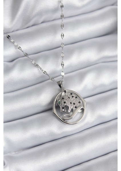 316L Çelik Gümüş Renk Zirkon Taşlı Jaguar Model Kadın Kolye