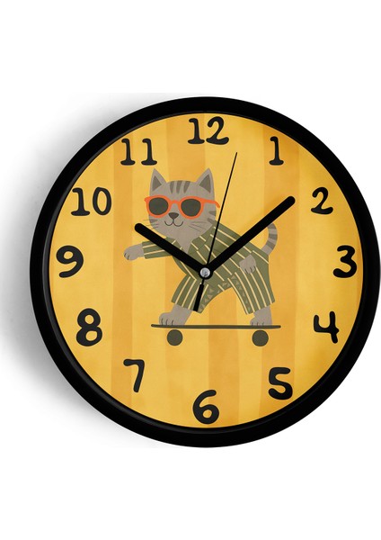 Güneş Gözlüklü Kaykay Yapan Sevimli Kedi Çocuk Odası Modern Duvar Saati - 25CM - Önü Camlı