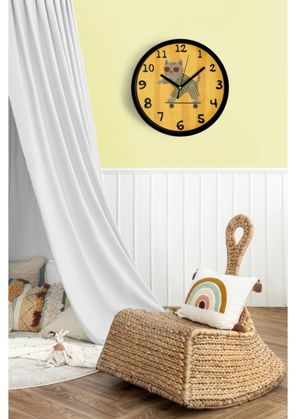 Güneş Gözlüklü Kaykay Yapan Sevimli Kedi Çocuk Odası Modern Duvar Saati - 25CM - Önü Camlı fiyatları