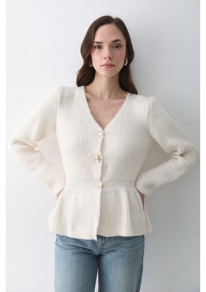 Krem 3 Düğmeli Pileli Hırka - 251065