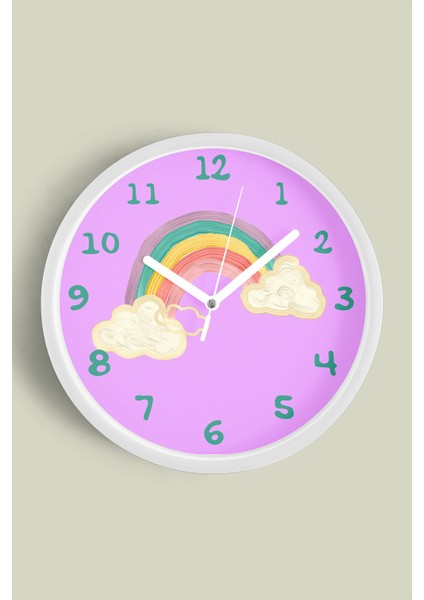 Gökkuşağı Tasarımı Çocuk Odası Duvar Saati - 25CM - Önü Camlı Beyaz Kasa - Sessiz Mekanizma