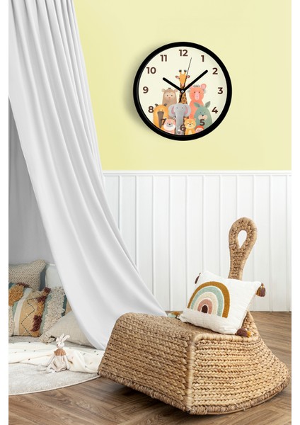 Sevimli Hayvanlar Modern Tasarım Çocuk Odası Duvar Saati - 25CM - Önü Camlı Siyah Kasa fiyatları