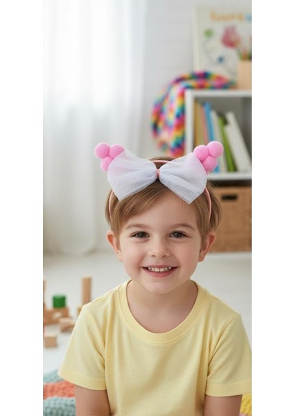 Tül Fiyonklu Ponpon Detaylı Çocuk Taç Seti | Kız Çocuk Parti Doğum Günü Saç Bandı