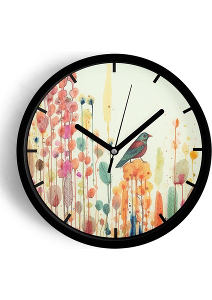 Soyut Doğa - Kuş Manzara Temalı Modern Duvar Saati - 25CM - Önü Camlı Siyah Kasa - Sessiz Mekanizma