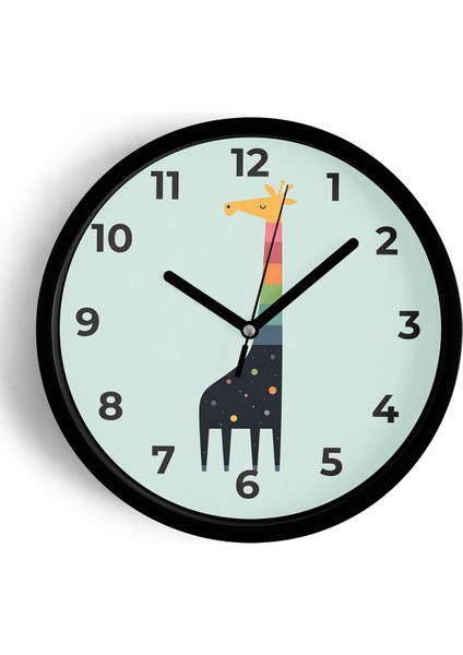 Zürafa Tasarımlı Çocuk Odası Duvar Saati - 25CM - Önü Camlı Siyah Kasa - Sessiz Mekanizma