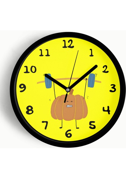 Sevimli Halterci Kabak Çocuk Odası Duvar Saati - 25CM - Önü Camlı Siyah Kasa - Sessiz Mekanizma