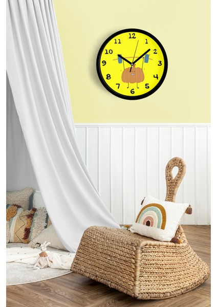 Sevimli Halterci Kabak Çocuk Odası Duvar Saati - 25CM - Önü Camlı Siyah Kasa - Sessiz Mekanizma fiyatları