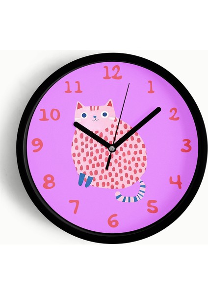 Kedi Tasarım Modern Duvar Saati - Çocuk Odası Duvar Saati - 25CM - Önü Camlı Siyah Kasa