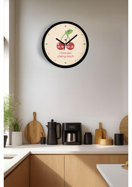 '' I Love You , Cherry Much '' Yazıllı Modern Tasarım Duvar Saati - 25CM - Önü Camlı Siyah Kasa fiyatları