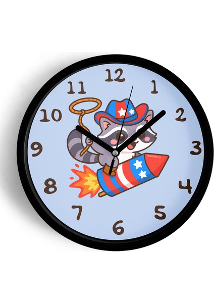 Roket Üstünde Kovboy Rakun Çocuk Odası Duvar Saati - 25CM - Önü Camlı Siyah Kasa - Sessiz Mekanizma