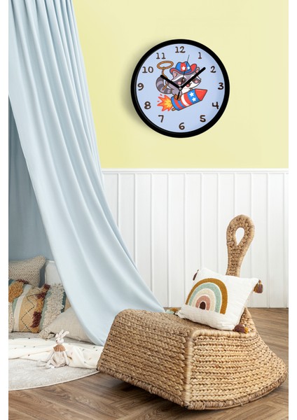 Roket Üstünde Kovboy Rakun Çocuk Odası Duvar Saati - 25CM - Önü Camlı Siyah Kasa - Sessiz Mekanizma fiyatları