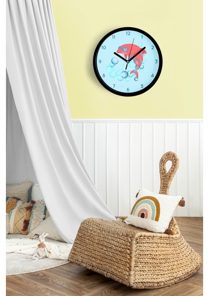 Sevimli Yunus Modern Çocuk Odası Duvar Saati - 42CM - Önü Camlı Siyah Kasa - Sessiz Mekanizma fiyatları