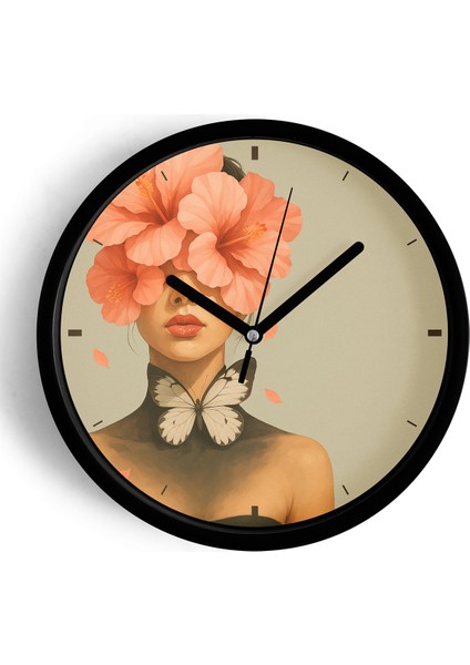 Çiçek Tacı ve Kelebekli Kadın Illüstrasyonu Modern Duvar Saati - 42CM - Önü Camlı Siyah Kasa