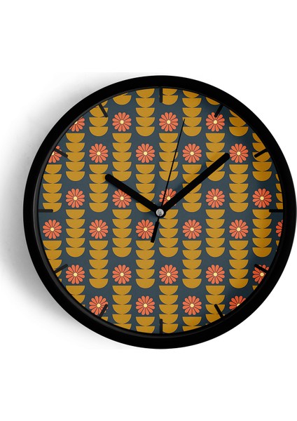 Geometrik Desenli ve Çiçekşli Modern Duvar Saati - 42CM - Önü Camlı Siyah Kasa - Sessiz Mekanizma