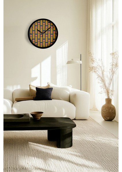 Geometrik Desenli ve Çiçekşli Modern Duvar Saati - 42CM - Önü Camlı Siyah Kasa - Sessiz Mekanizma fiyatları
