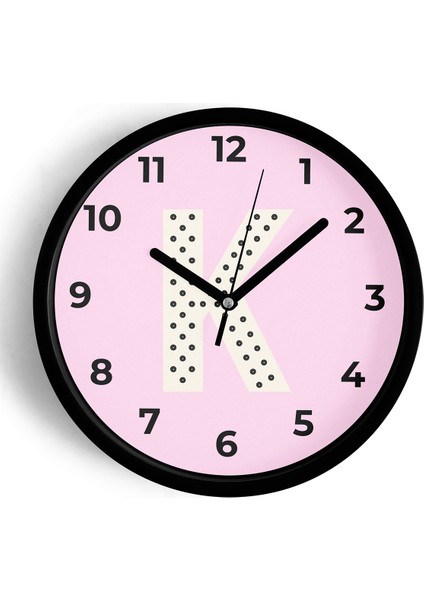 K Harfi Kız Odası Duvar Saati - 42CM - Önü Camlı Siyah Kasa - Sessiz Mekanizma
