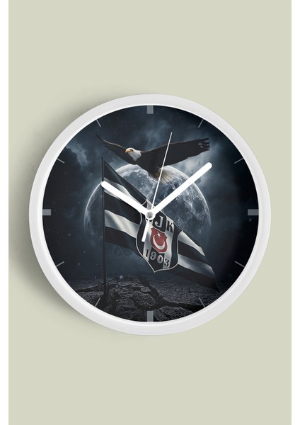 Beşiktaş Tasarımlı Modern Duvar Saati - 25CM - Önü Camlı Beyaz Kasa - Sessiz Mekanizma