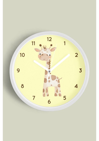 Sevimli Zürafa Çocuk Odası Duvar Saati - 25CM - Önü Camlı Beyaz Kasa - Sessiz Mekanizma