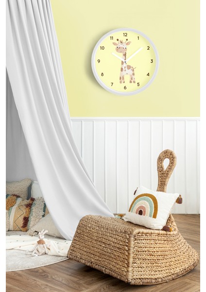 Sevimli Zürafa Çocuk Odası Duvar Saati - 25CM - Önü Camlı Beyaz Kasa - Sessiz Mekanizma fiyatları