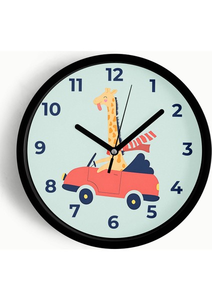 Araba Süren Sevimli Zürafa Çocuk Odası Duvar Saati - 25CM - Önü Camlı Siyah Kasa - Sessiz Mekanizma