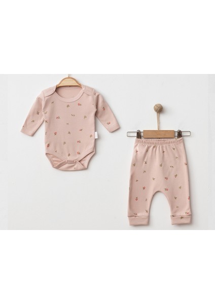 Kız Bebek 2’li Takım Lale Baskılı Uzun Kollu Fitilli Kaşkorse Çıtçıtlı Body