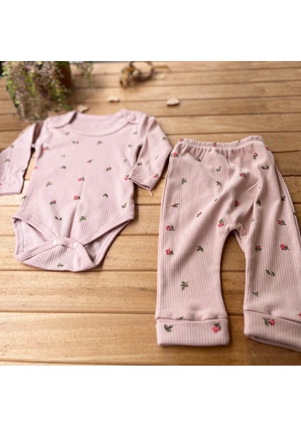 Kız Bebek 2’li Takım Lale Baskılı Uzun Kollu Fitilli Kaşkorse Çıtçıtlı Body fiyatları