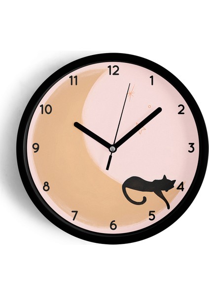 Ayda Uyuyan Kedi Duvar Saati - 25CM - Önü Camlı Siyah Kasa - Sessiz Mekanizma
