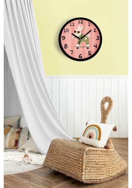 Güneş Gözlüklü Kaykay Yapan Sevimli Tavşan Çocuk Odası Modern Duvar Saati - 42CM - Önü Camlı fiyatları