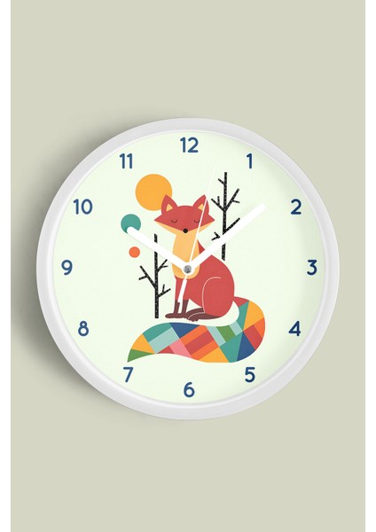 Sevimli Tilki Temalı Çocuk Odası Modern Duvar Saati - 25CM - Önü Camlı Beyaz Kasa - Sessiz Mekanizma