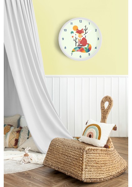 Sevimli Tilki Temalı Çocuk Odası Modern Duvar Saati - 25CM - Önü Camlı Beyaz Kasa - Sessiz Mekanizma fiyatları