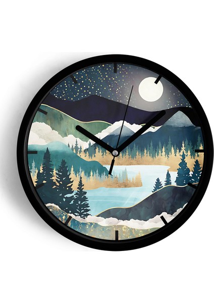Soyut Doğa Manzara Temalı Modern Duvar Saati - 25CM - Önü Camlı Siyah Kasa - Sessiz Mekanizma