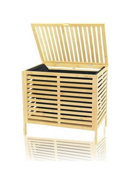 Kalın Ahşap Bambu Kirli Çamaşır Sepeti Siyah Kumaş Çantalı SEPET=50X38X55CM (5131)