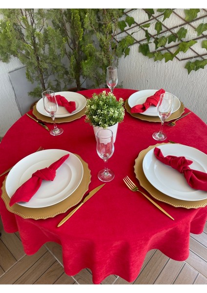 Kadife Dokulu Dertsiz Kırmızı Yuvarlak Masa Örtüsü (Peçete Dahil Değil ) fiyatları